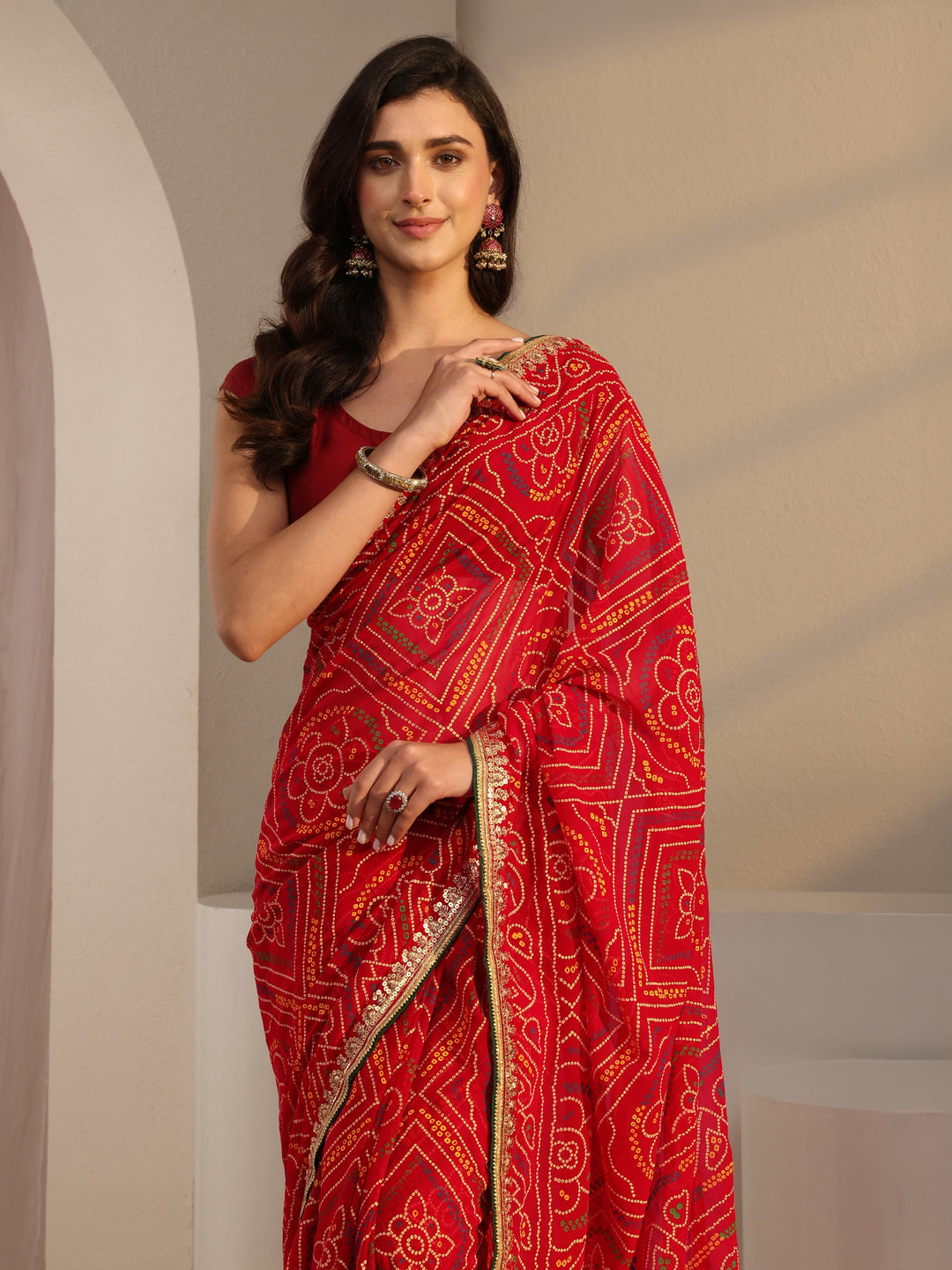  Red Bandhani Printed Georgette Saree With Unstitched Blouse Piece 