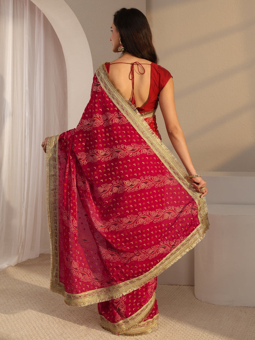  Pink Bandhani Printed Tissue Saree With Unstitched Blouse Piece 