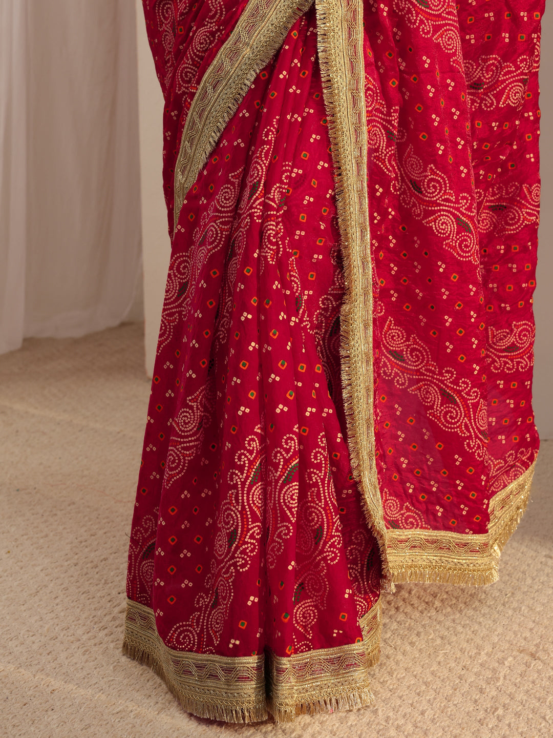  Pink Bandhani Printed Tissue Saree With Unstitched Blouse Piece 