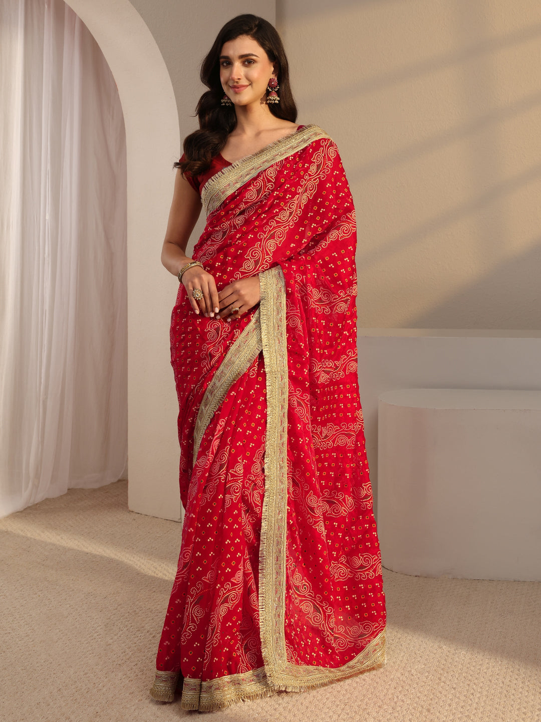  Red Bandhani Printed Tissue Saree With Unstitched Blouse Piece 
