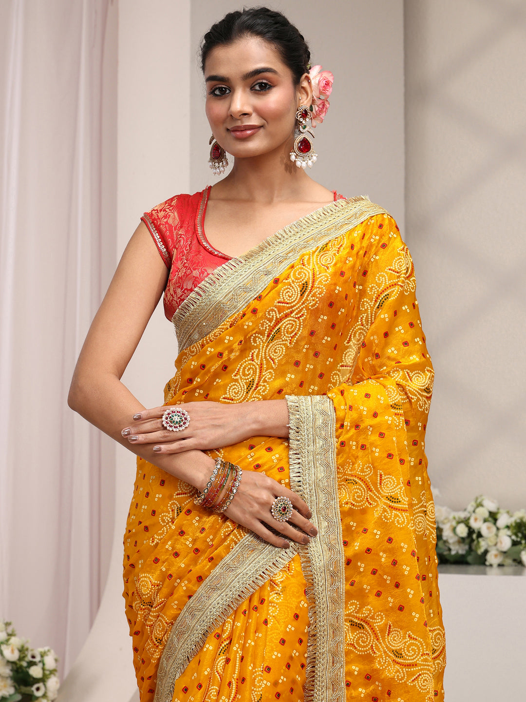  Mustard Bandhani Printed Tissue Saree 