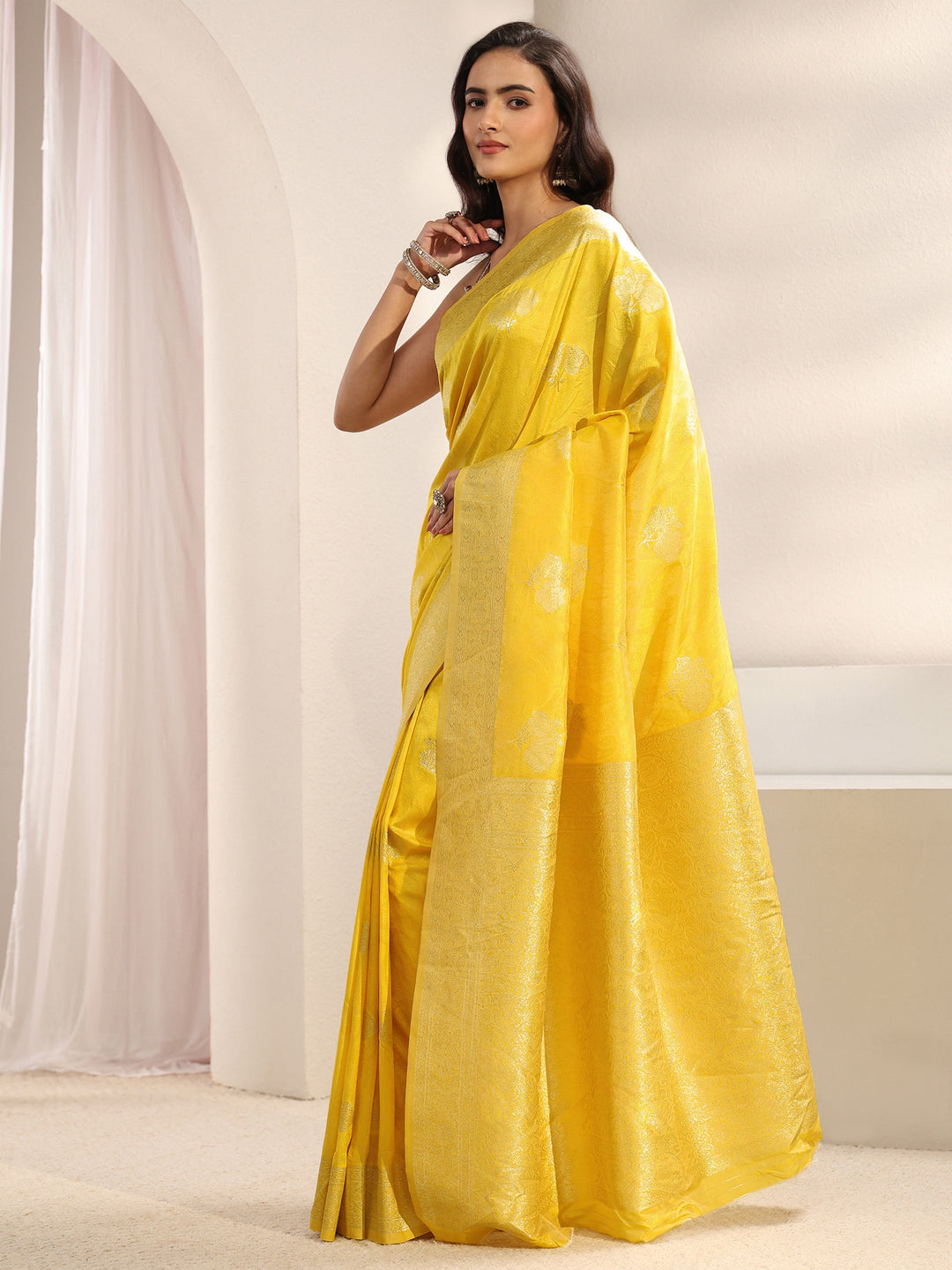  Yellow Ethnic Woven Design Silk Blend Saree With Unstitched Blouse Piece 
