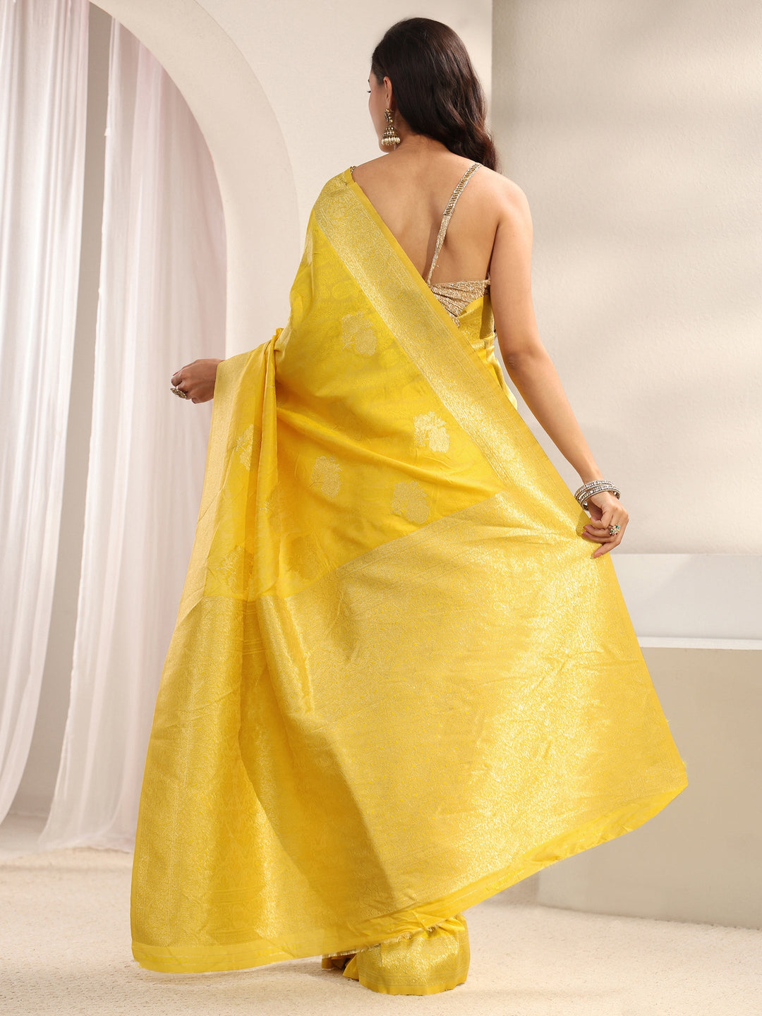  Yellow Ethnic Woven Design Silk Blend Saree With Unstitched Blouse Piece 