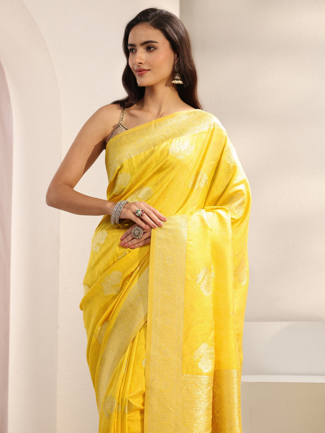  Yellow Ethnic Woven Design Silk Blend Saree With Unstitched Blouse Piece 
