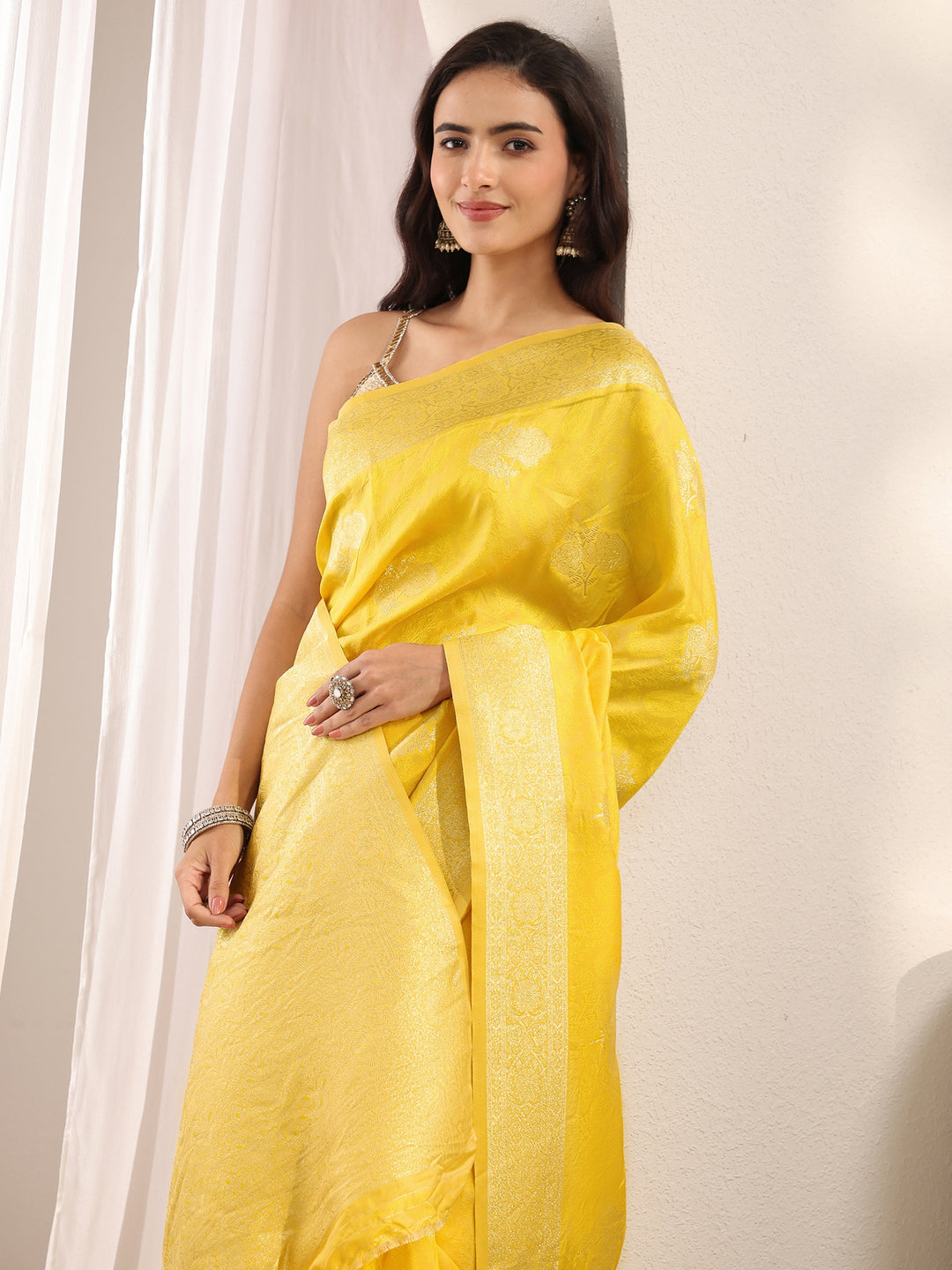  Yellow Ethnic Woven Design Silk Blend Saree With Unstitched Blouse Piece 