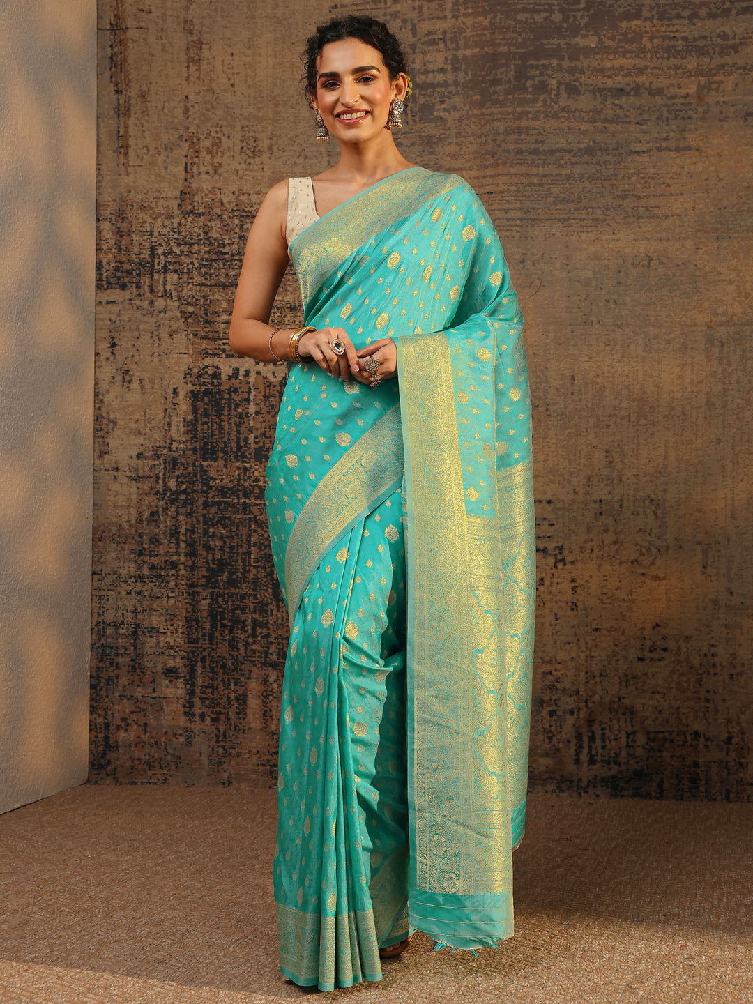  Blue Ethnic Motifs Woven Design Silk Blend Saree With Unstitched Blouse Piece 