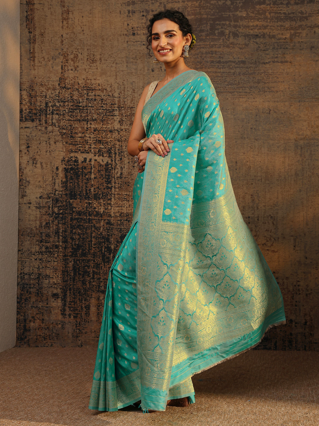  Blue Ethnic Motifs Woven Design Silk Blend Saree With Unstitched Blouse Piece 