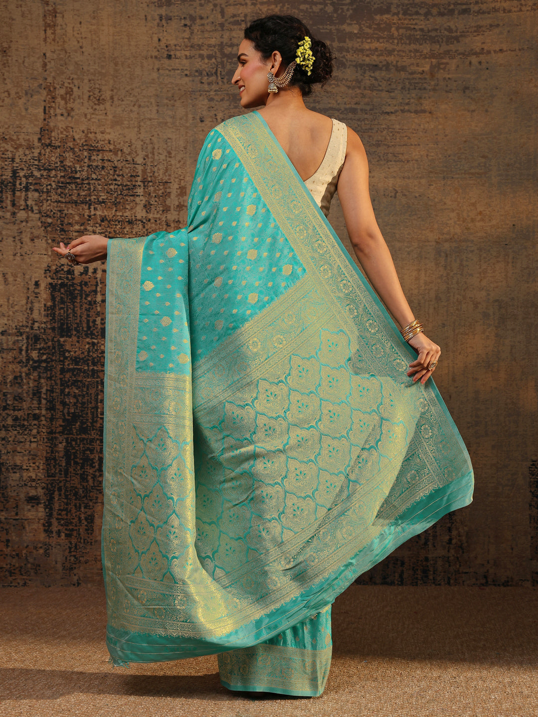  Blue Ethnic Motifs Woven Design Silk Blend Saree With Unstitched Blouse Piece 
