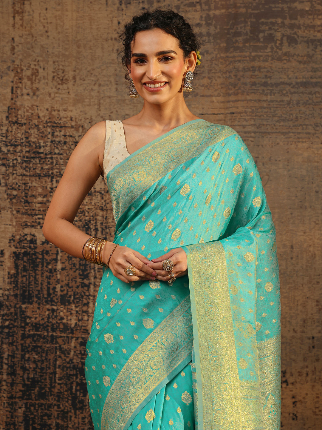  Blue Ethnic Motifs Woven Design Silk Blend Saree With Unstitched Blouse Piece 