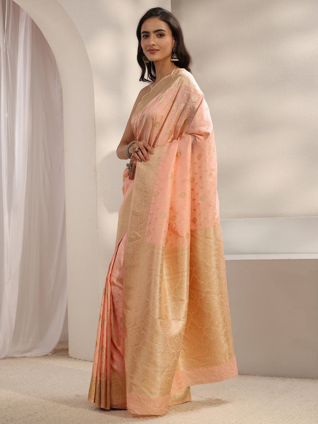  Peach Ethnic Woven Design Silk Blend Saree With Unstitched Blouse Piece 
