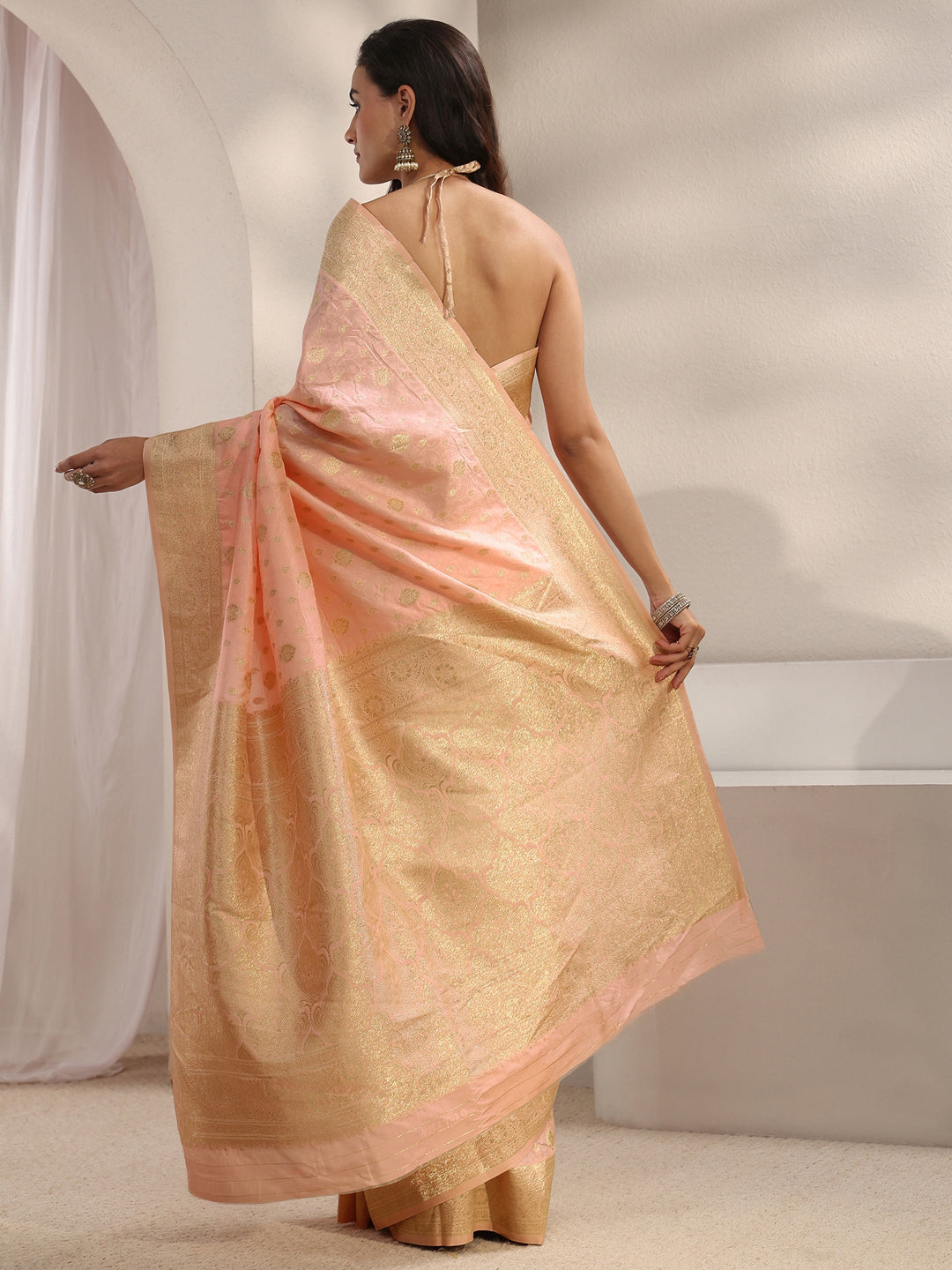  Peach Ethnic Woven Design Silk Blend Saree With Unstitched Blouse Piece 