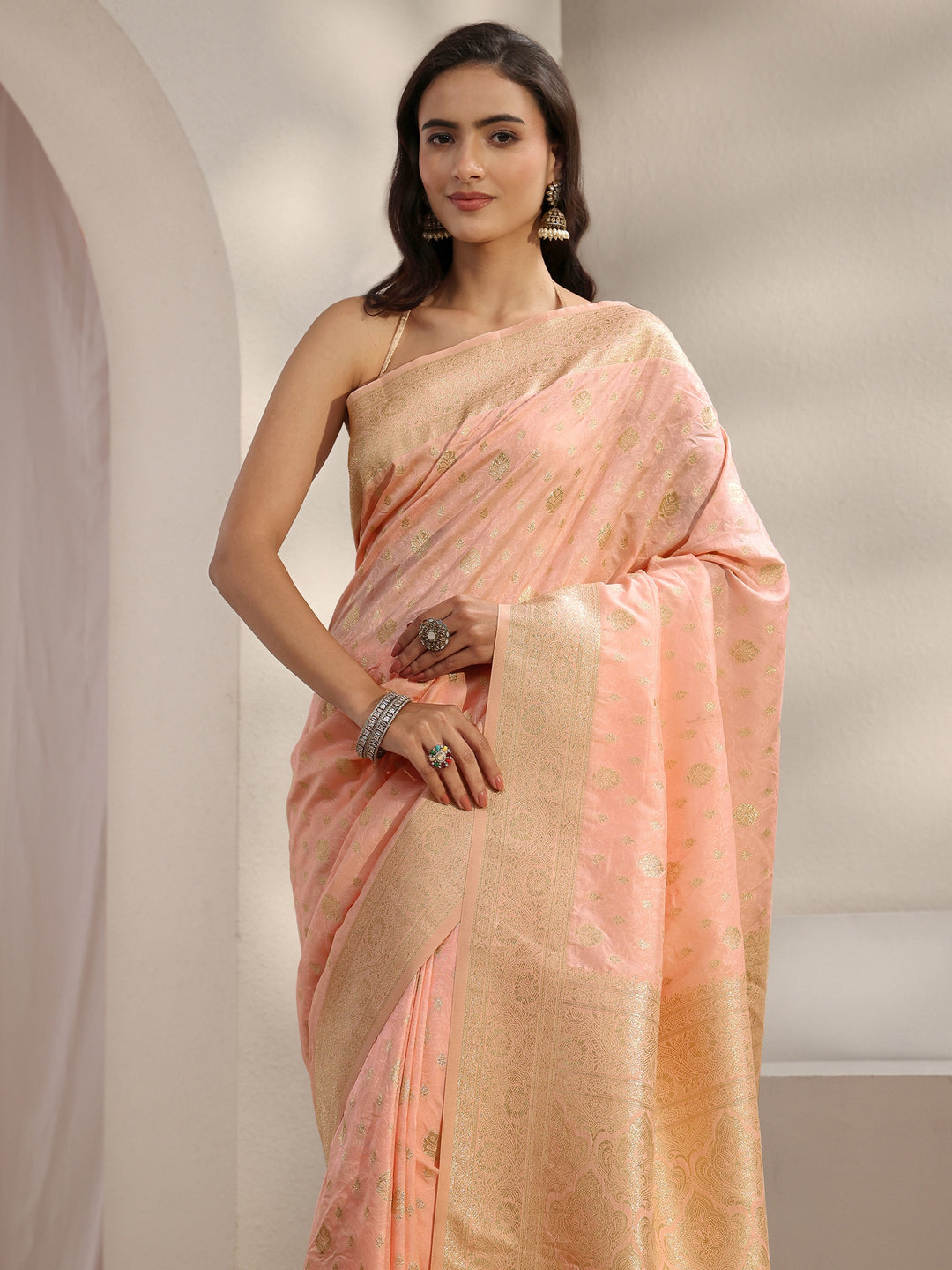  Peach Ethnic Woven Design Silk Blend Saree With Unstitched Blouse Piece 