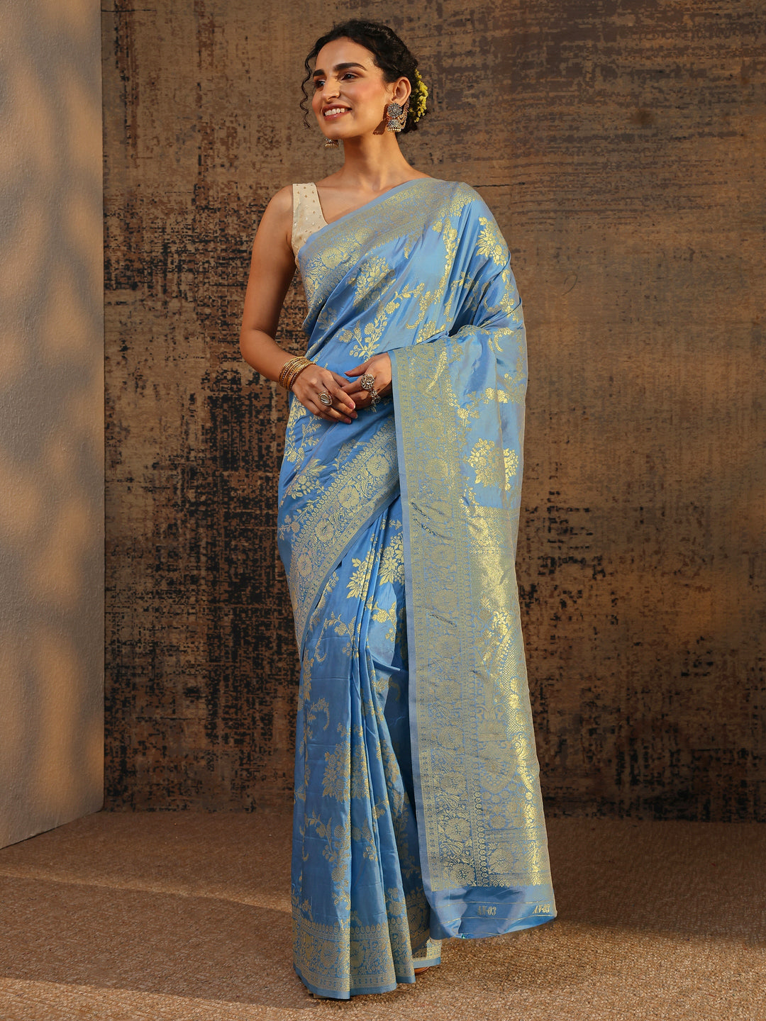  Blue Floral Woven Design Silk Blend Saree With Unstitched Blouse Piece 