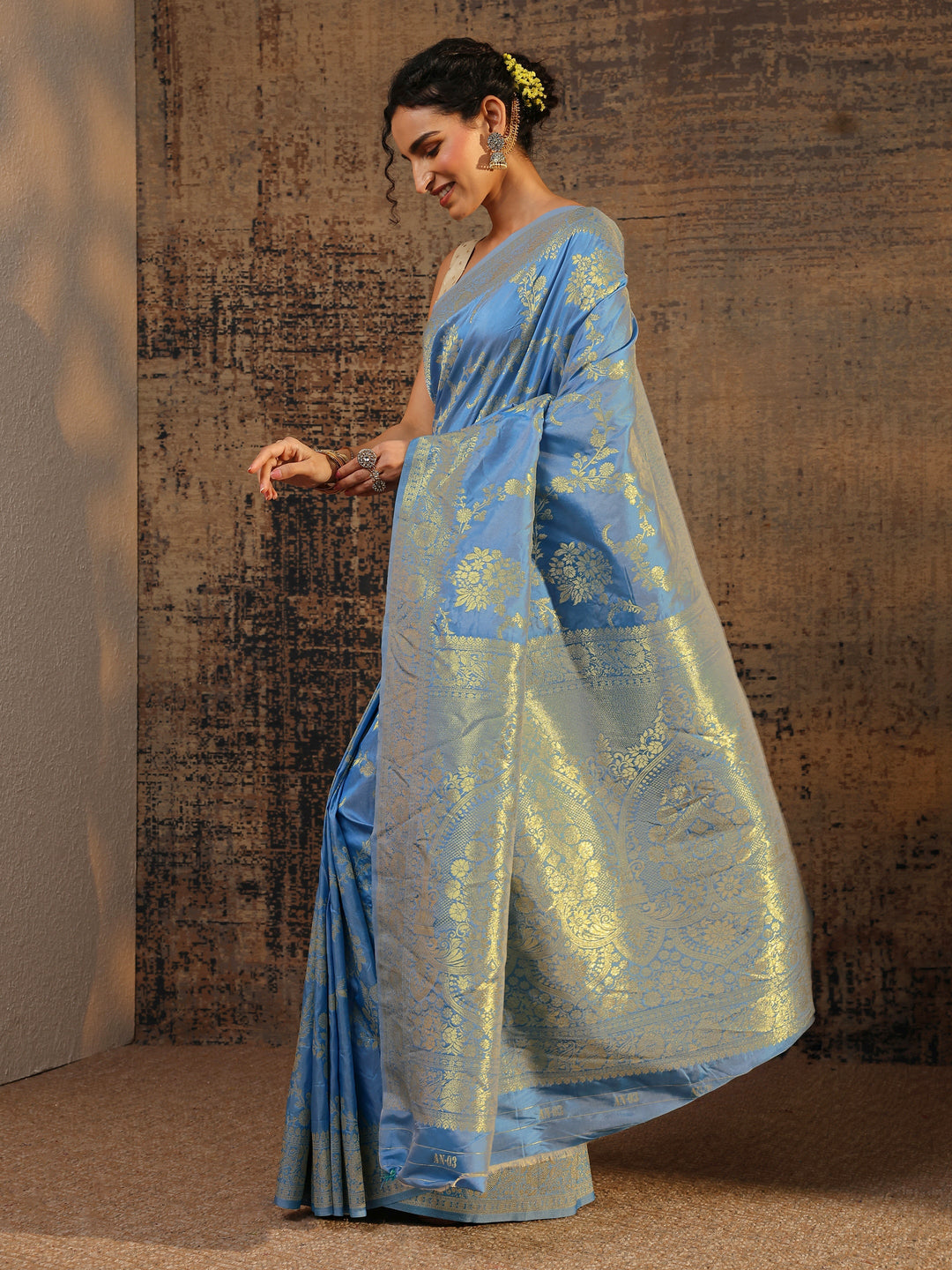  Blue Floral Woven Design Silk Blend Saree With Unstitched Blouse Piece 
