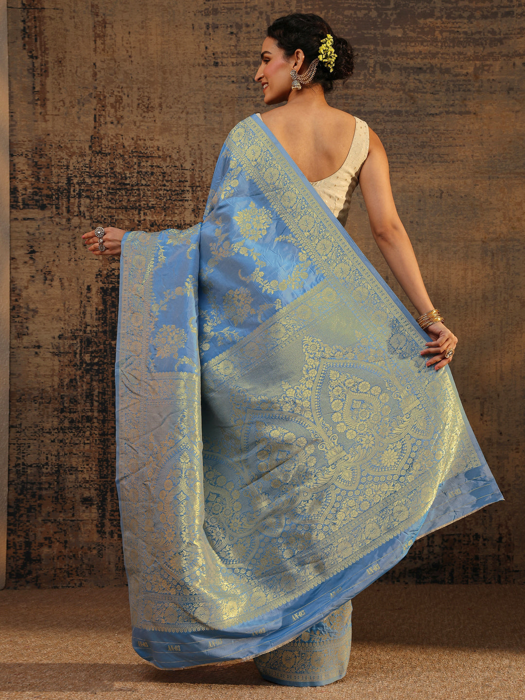 Blue Floral Woven Design Silk Blend Saree With Unstitched Blouse Piece 