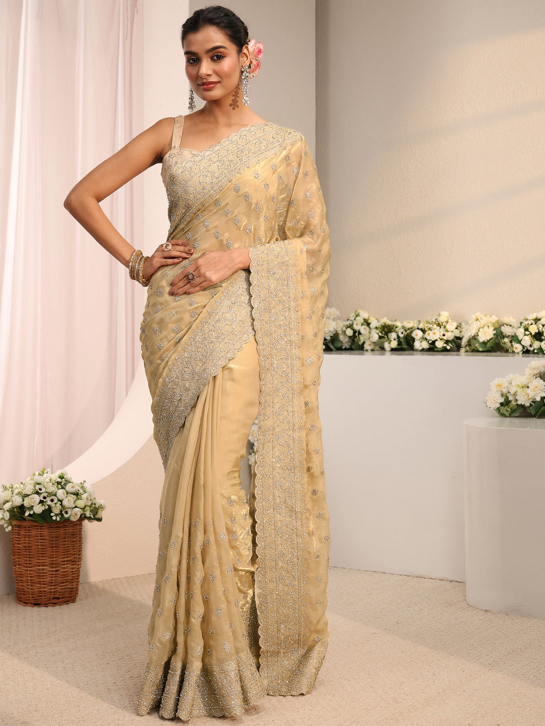  Libas Art Beige Embellished Tissue Saree With Unstitched Blouse Piece 