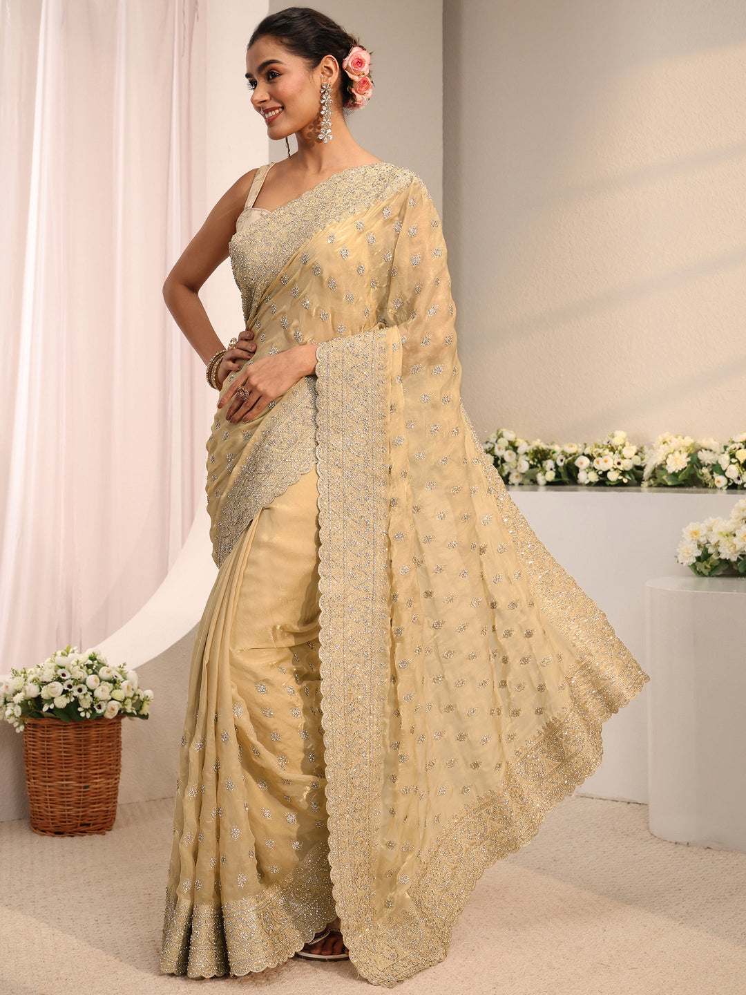  Libas Art Beige Embellished Tissue Saree With Unstitched Blouse Piece 
