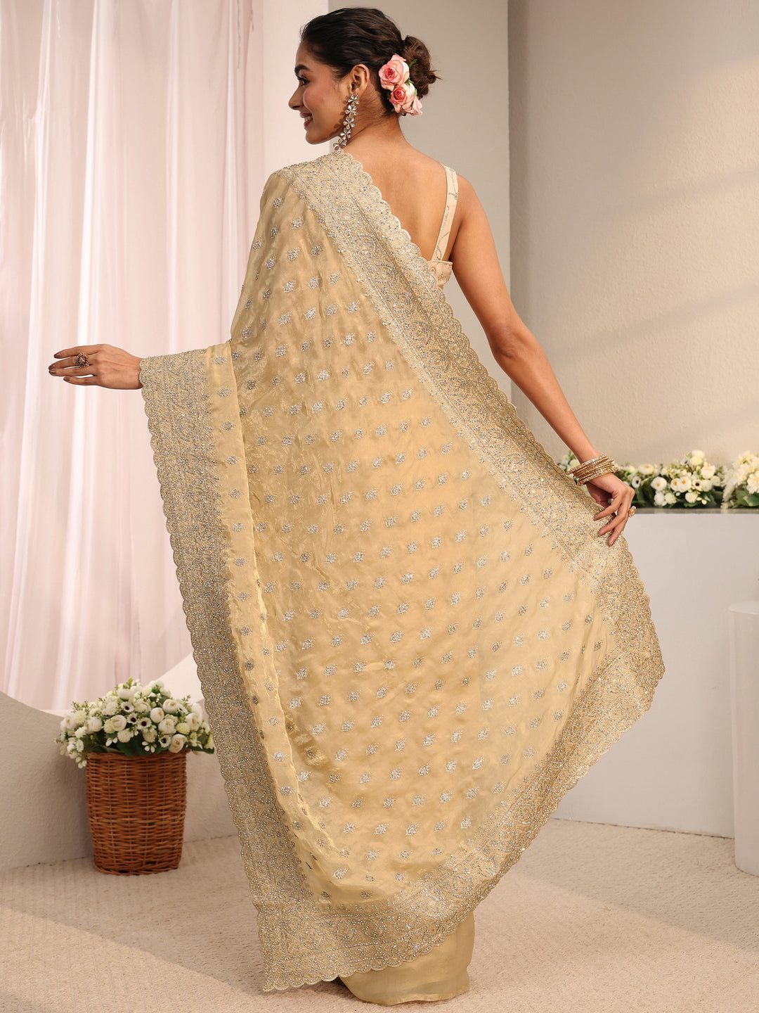  Libas Art Beige Embellished Tissue Saree With Unstitched Blouse Piece 
