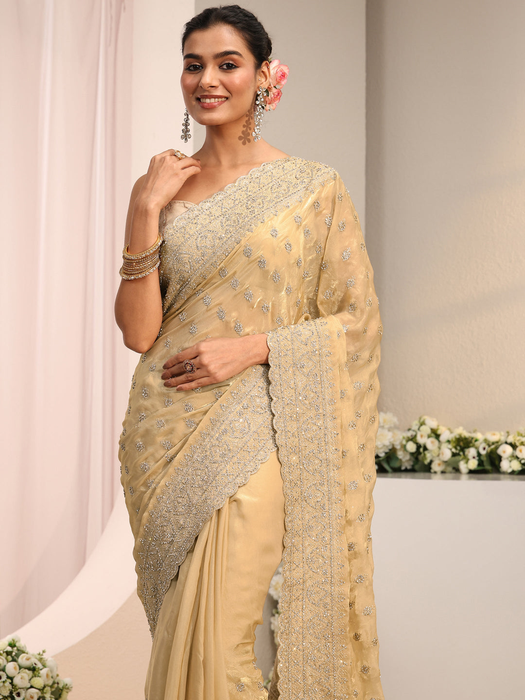  Libas Art Beige Embellished Tissue Saree With Unstitched Blouse Piece 