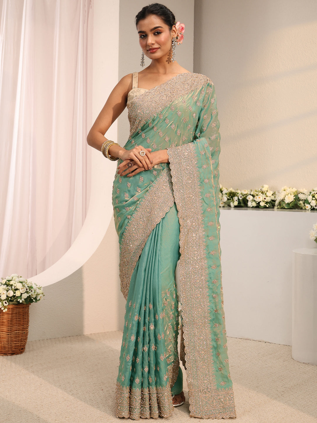  Libas Art Sea Green Embellished Tissue Saree With Unstitched Blouse Piece 