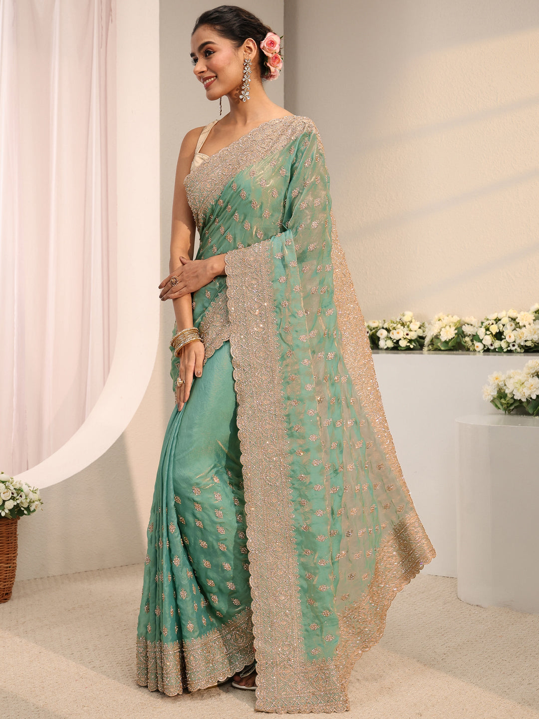 Libas Art Sea Green Embellished Tissue Saree With Unstitched Blouse Piece 