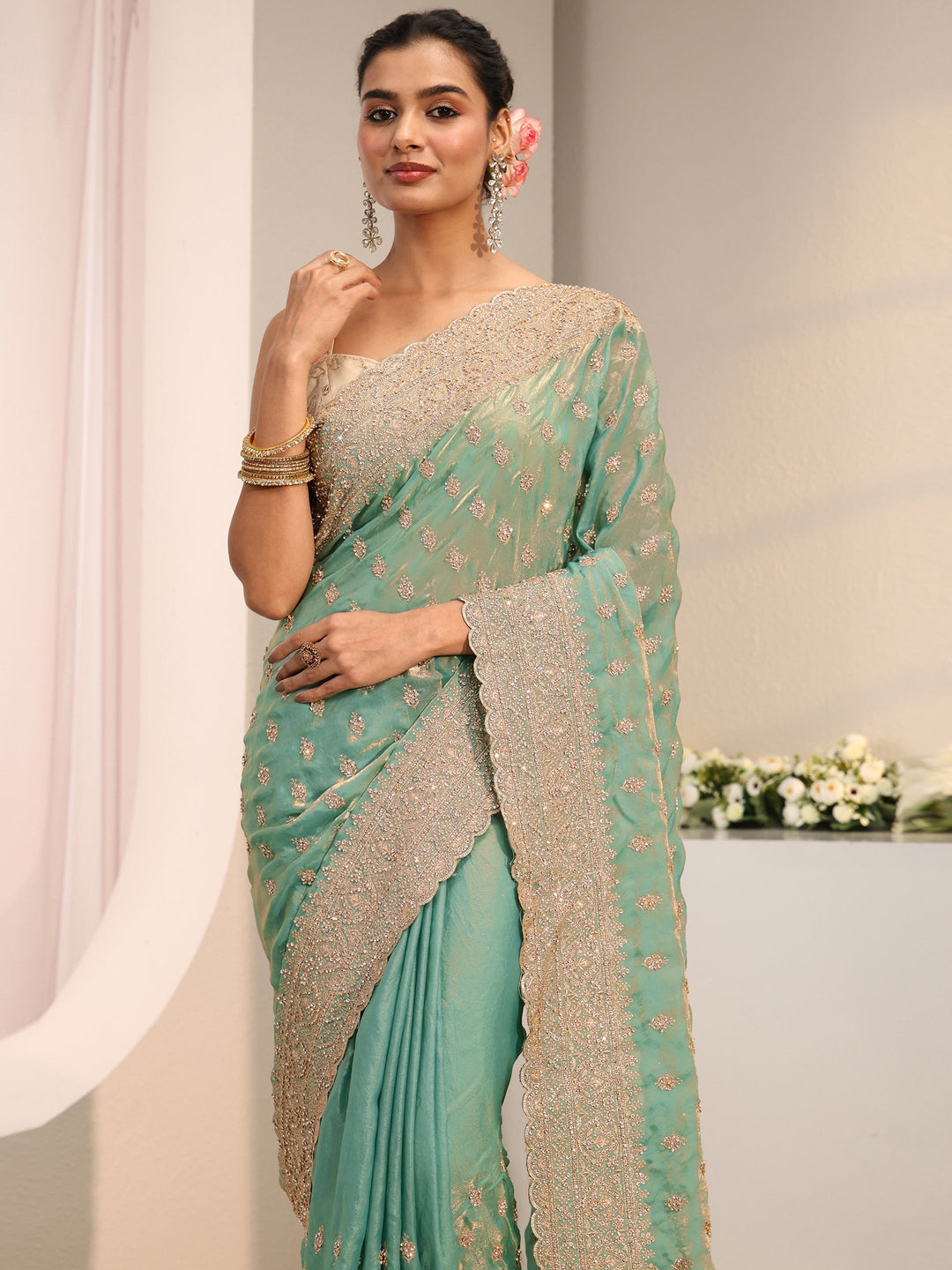  Libas Art Sea Green Embellished Tissue Saree With Unstitched Blouse Piece 