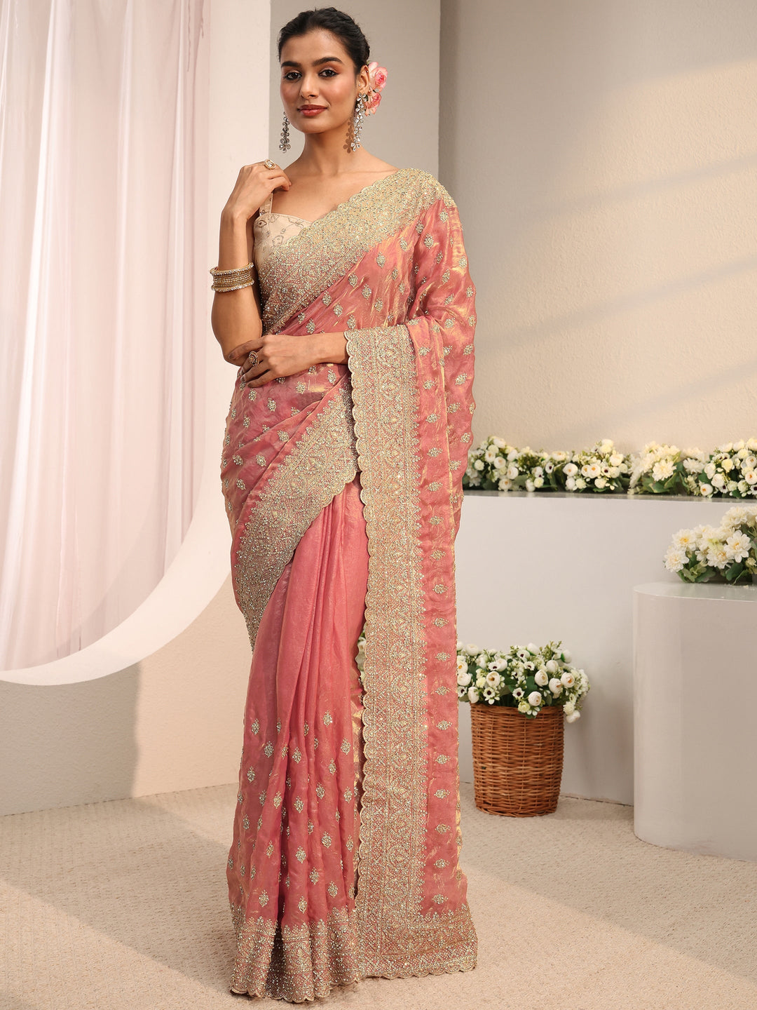  Libas Art Peach Embellished Tissue Saree With Unstitched Blouse Piece 