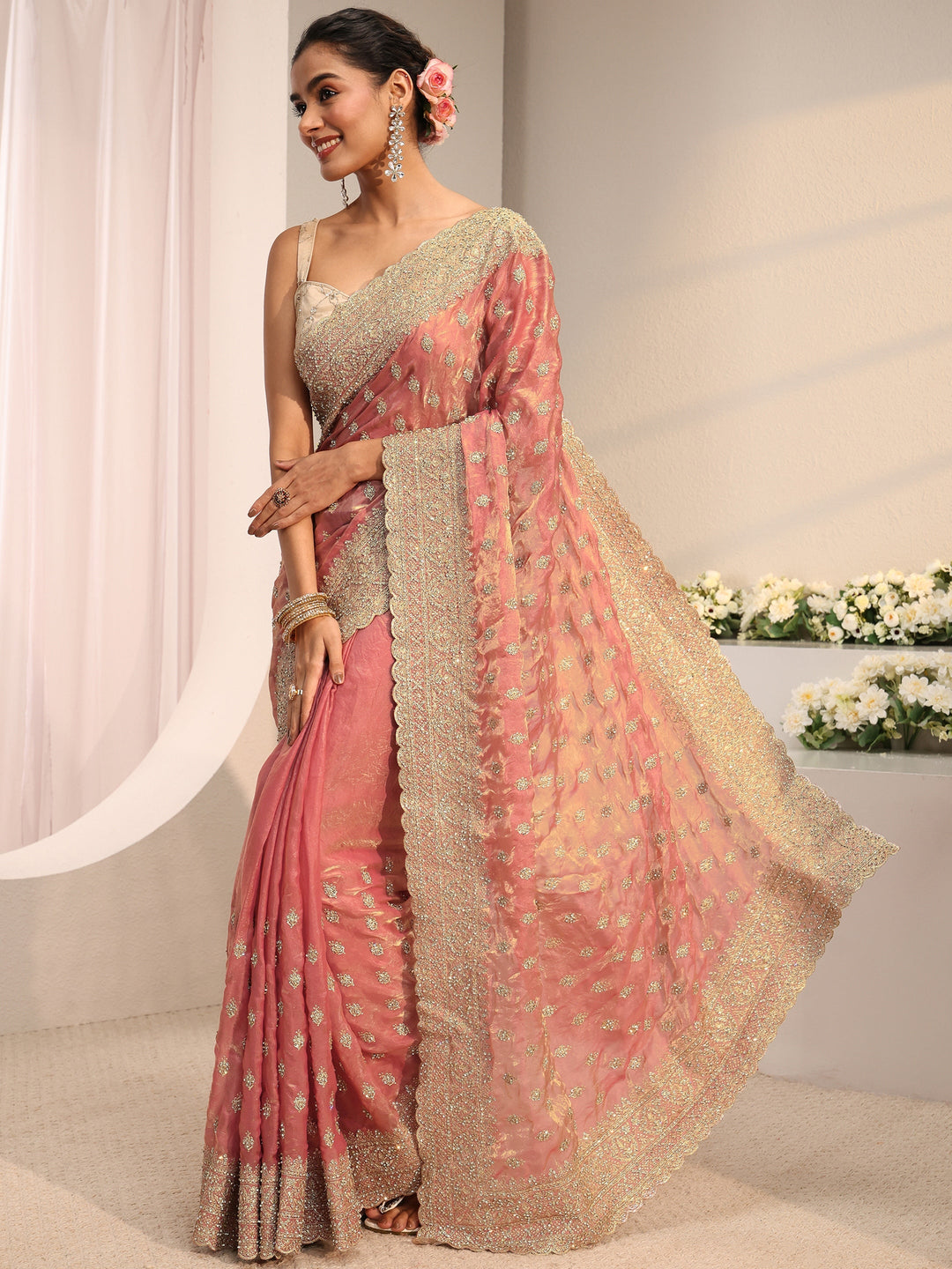  Libas Art Peach Embellished Tissue Saree With Unstitched Blouse Piece 
