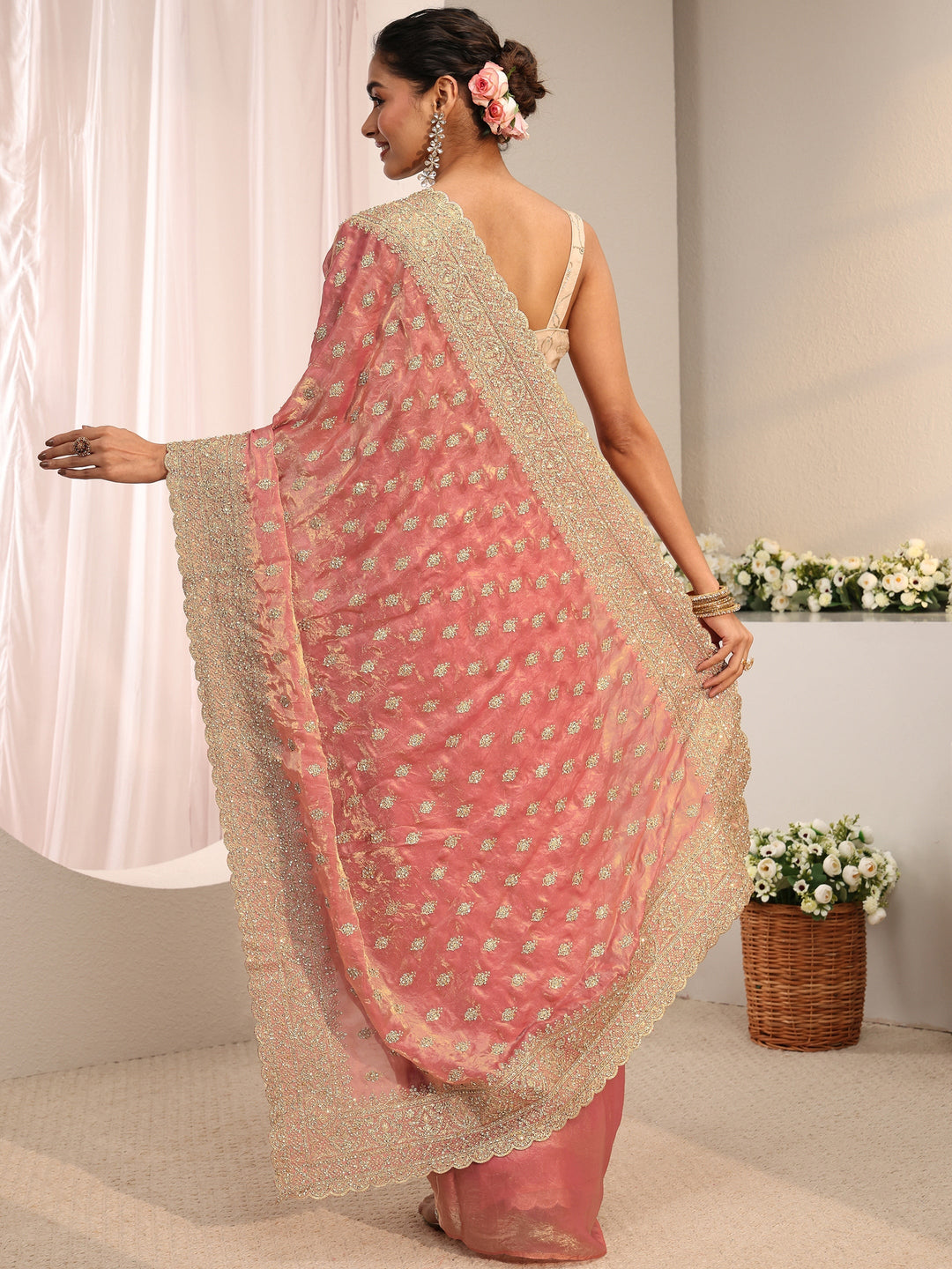  Libas Art Peach Embellished Tissue Saree With Unstitched Blouse Piece 