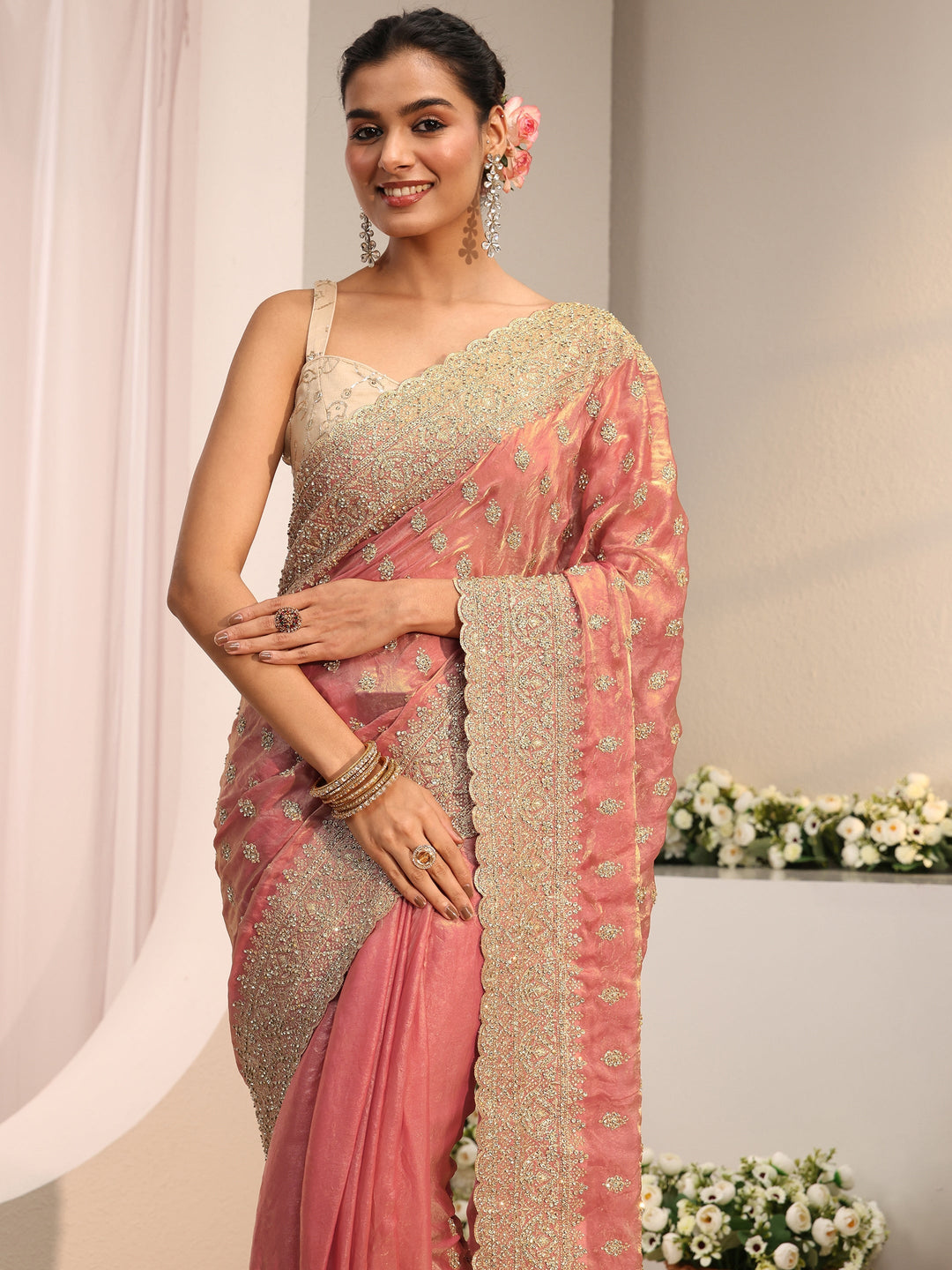  Libas Art Peach Embellished Tissue Saree With Unstitched Blouse Piece 