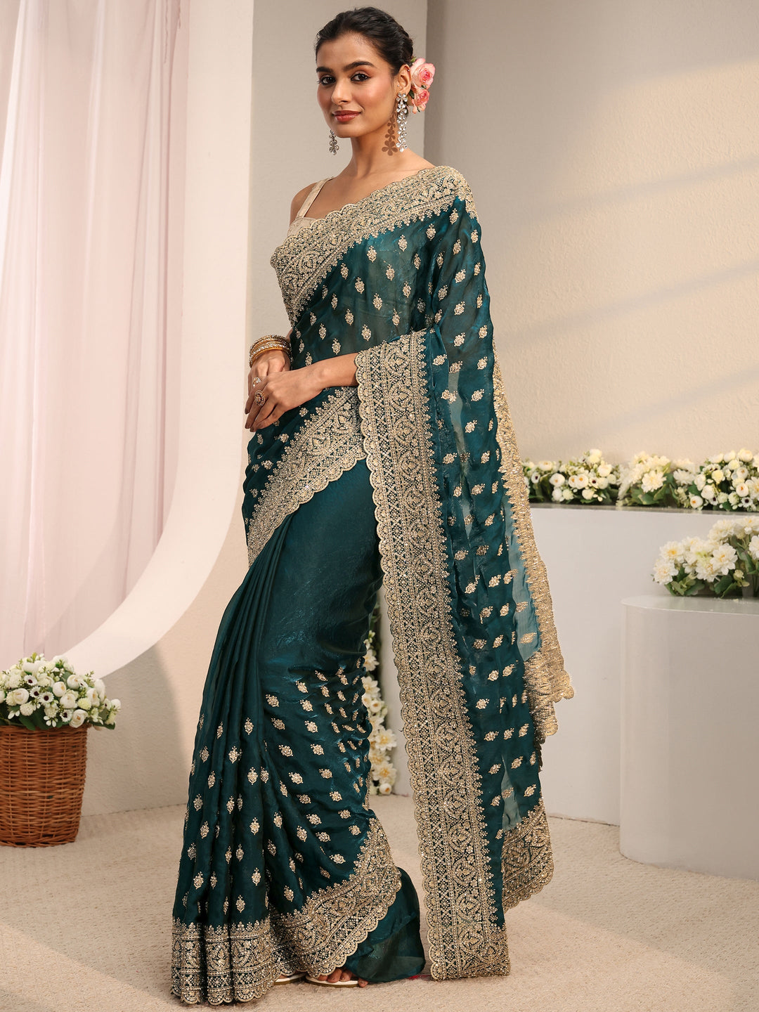  Libas Art Navy Blue Embellished Tissue Saree With Unstitched Blouse Piece 
