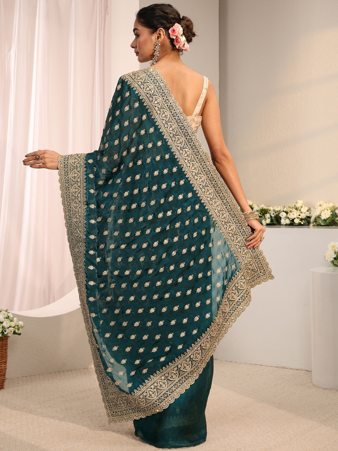  Libas Art Navy Blue Embellished Tissue Saree With Unstitched Blouse Piece 