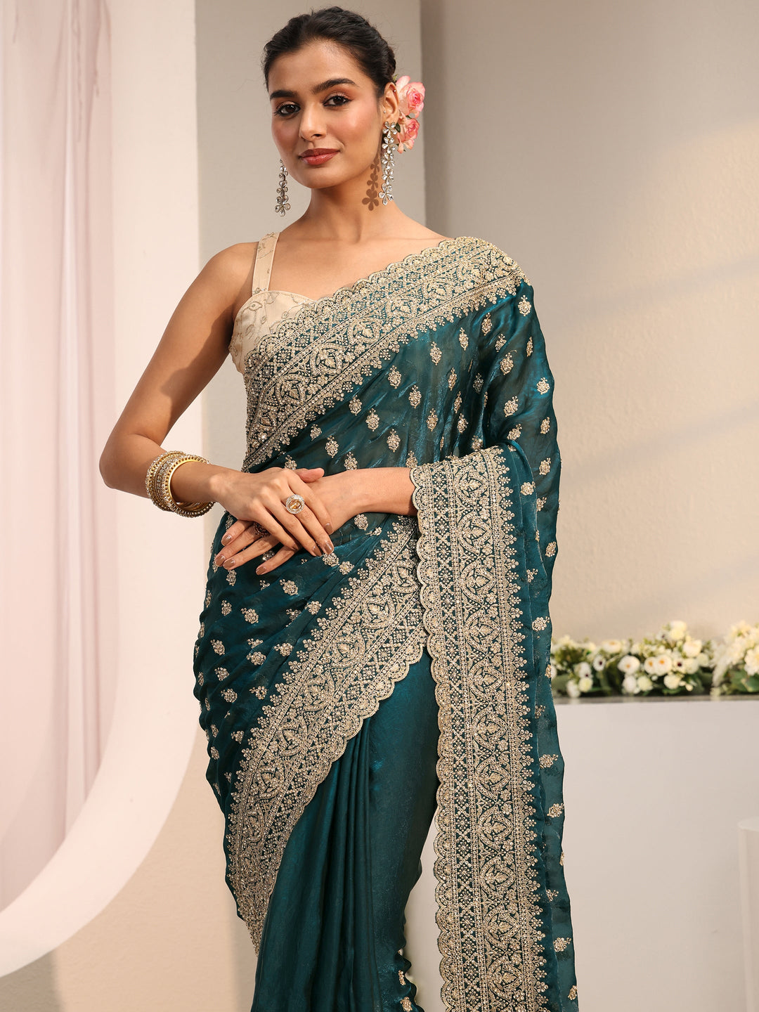  Libas Art Navy Blue Embellished Tissue Saree With Unstitched Blouse Piece 