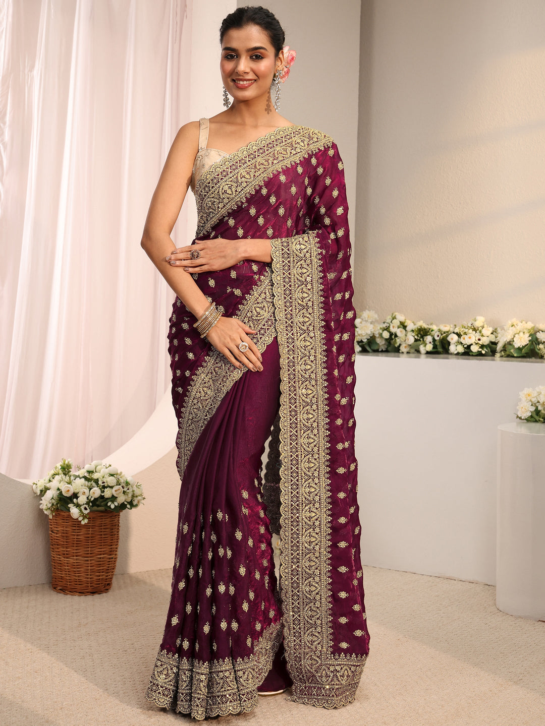  Libas Art Maroon Embellished Tissue Saree With Unstitched Blouse Piece 