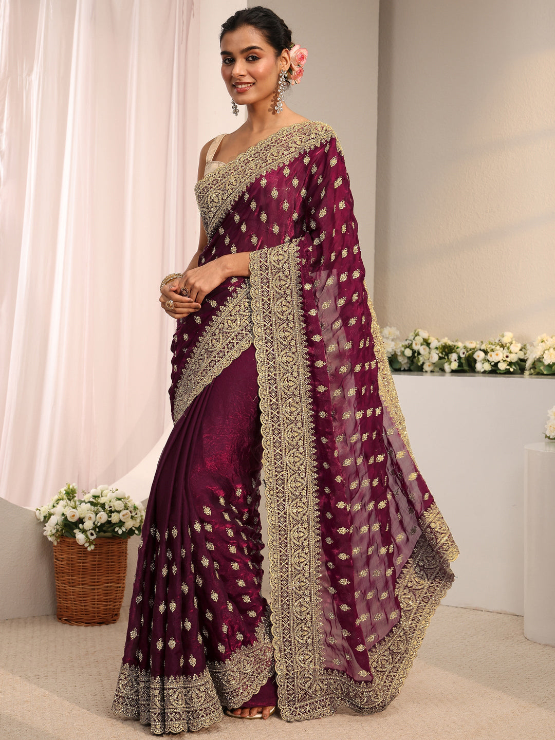  Libas Art Maroon Embellished Tissue Saree With Unstitched Blouse Piece 