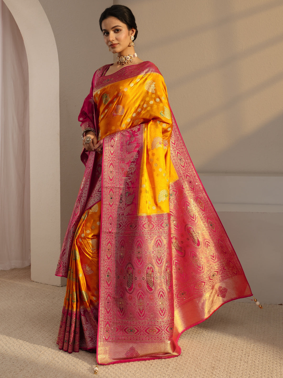  Libas Art Mustard Banarasi Satin Saree With Unstiched Blouse Piece And Dupatta 