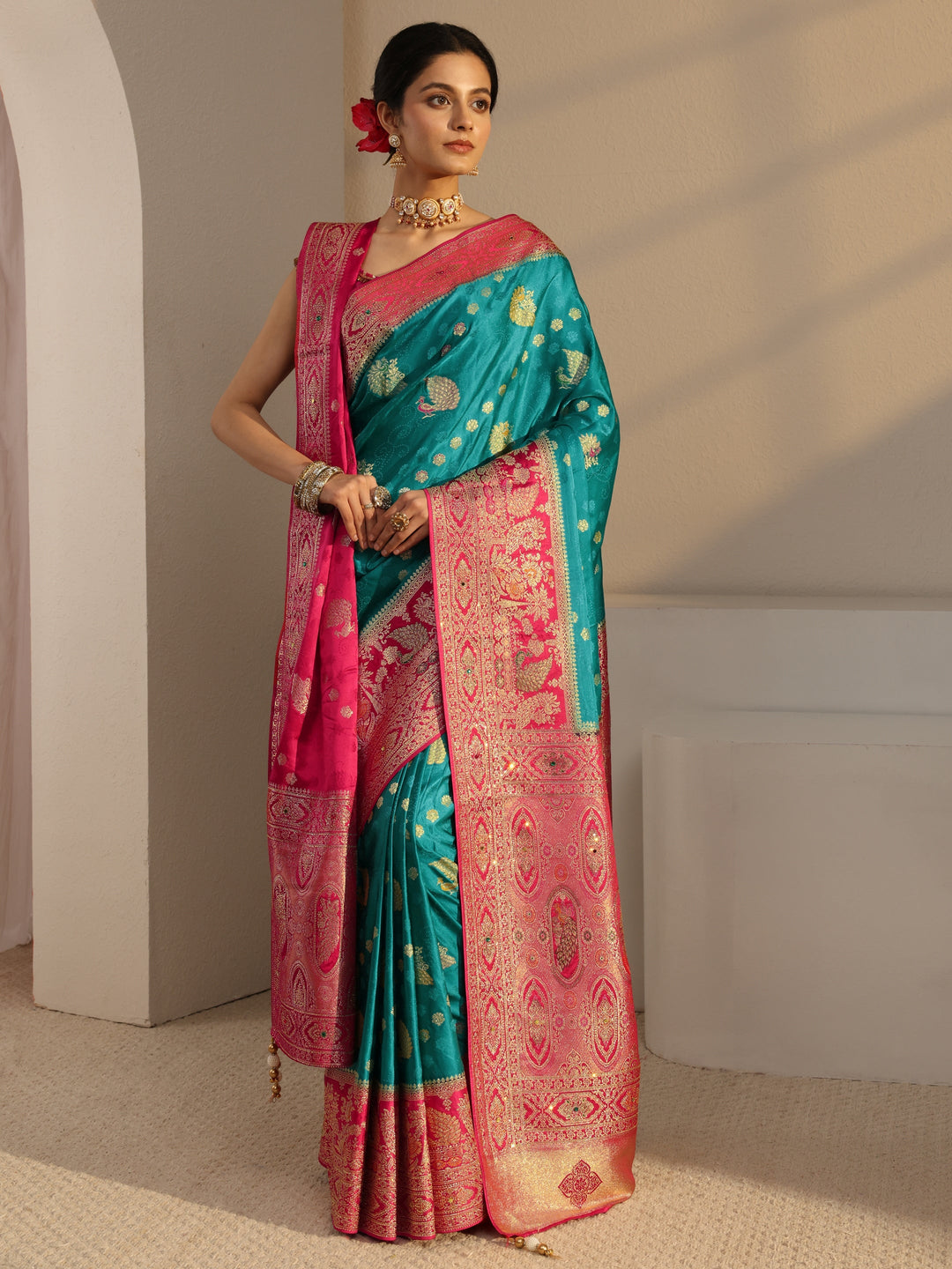  Libas Art Green Banarasi Satin Sareewith Unstiched Blouse Piece And Dupatta 