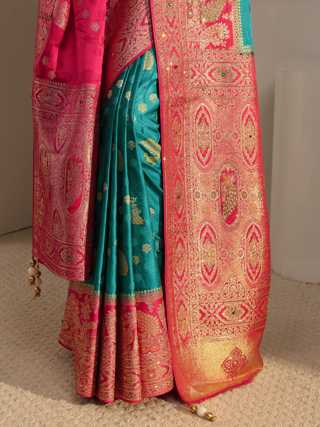  Libas Art Green Banarasi Satin Sareewith Unstiched Blouse Piece And Dupatta 