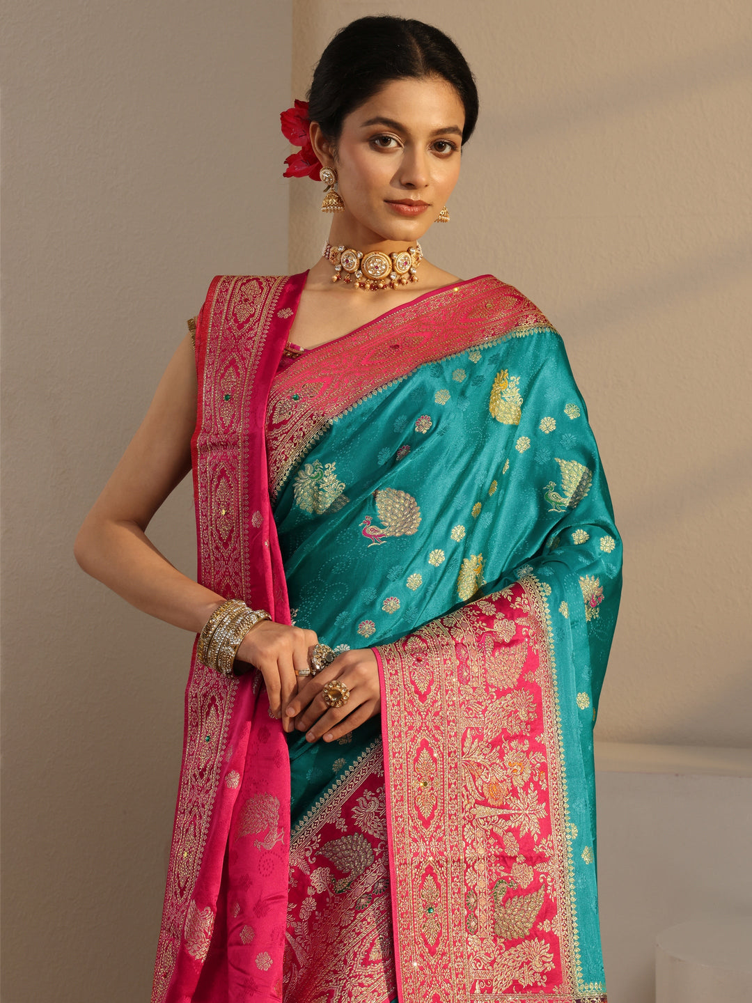  Libas Art Green Banarasi Satin Sareewith Unstiched Blouse Piece And Dupatta 