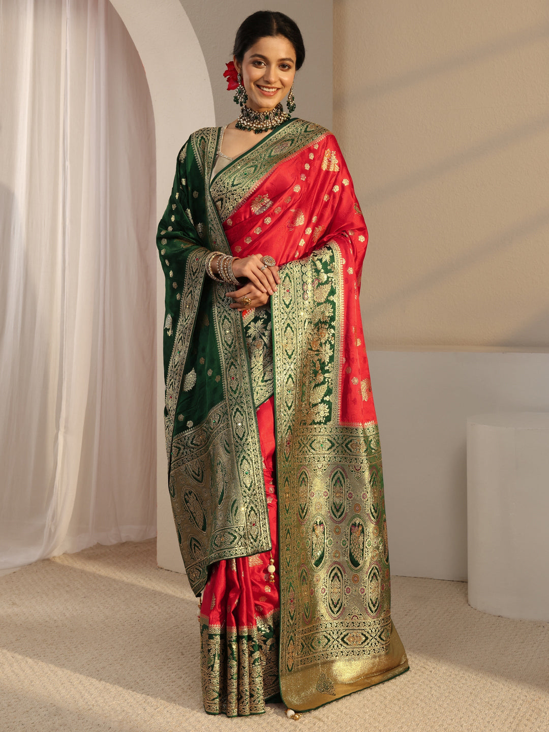  Libas Art Red Banarasi Satin Saree With Unstiched Blouse Piece And Dupatta 
