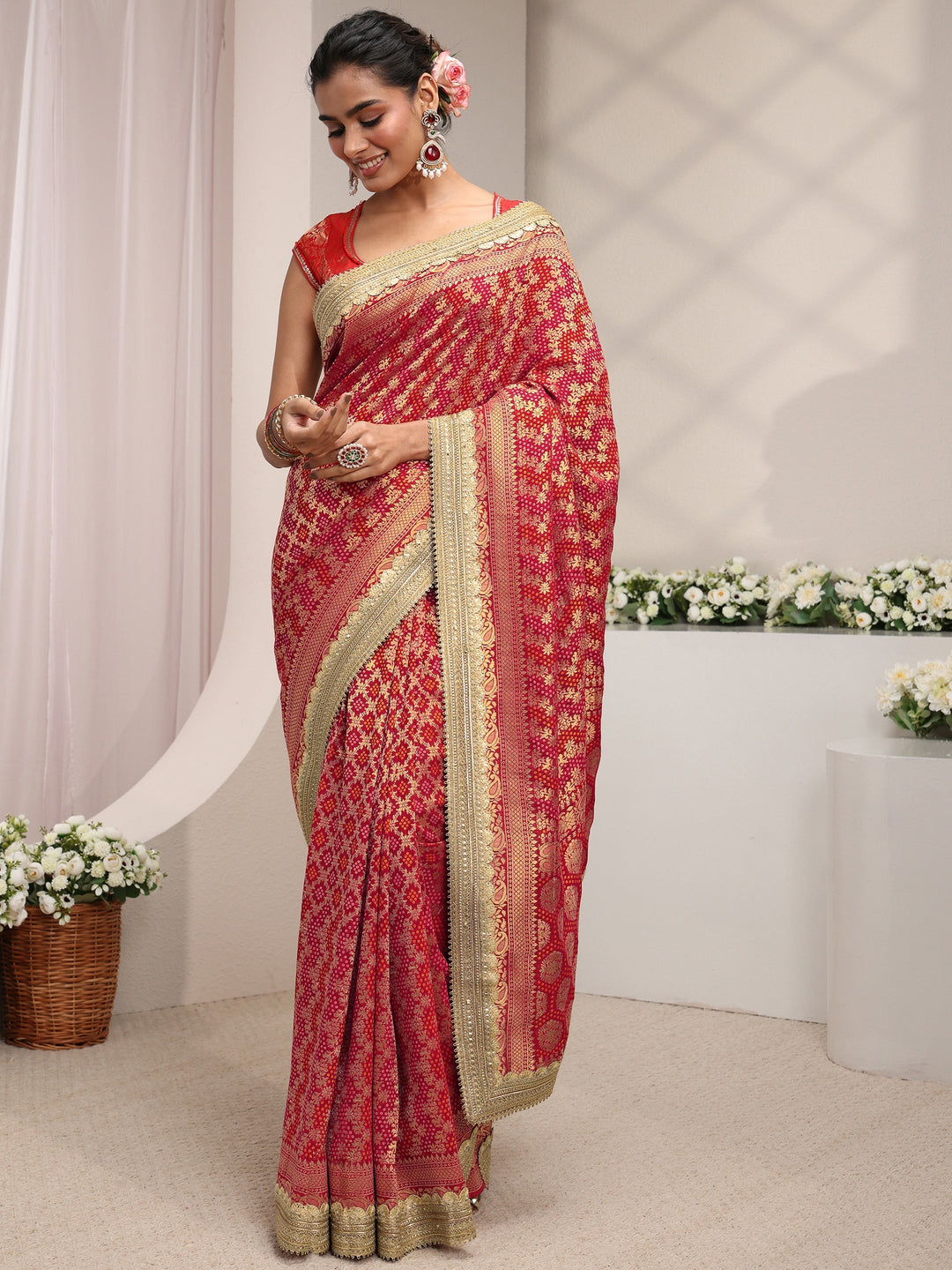  Libas Art Red Woven Design Satin Saree With Unstitched Blouse Piece 