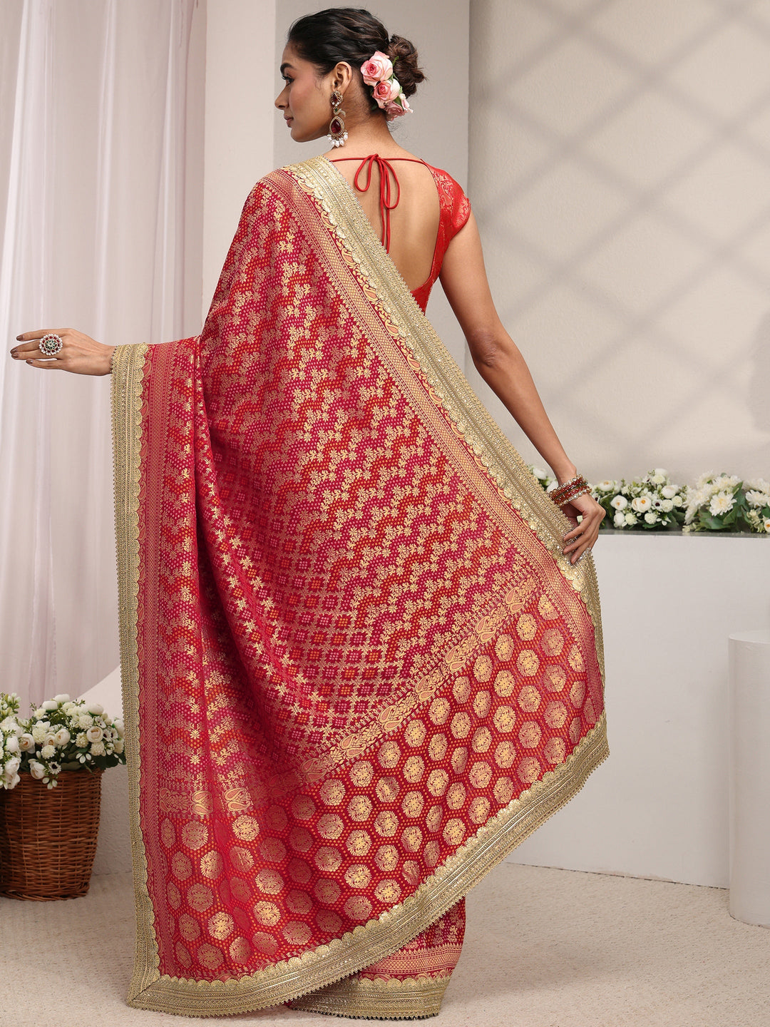  Libas Art Red Woven Design Satin Saree With Unstitched Blouse Piece 