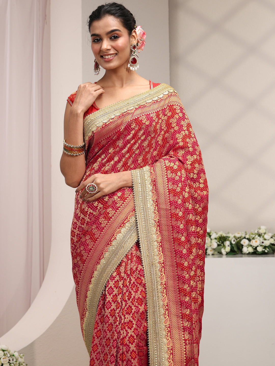  Libas Art Red Woven Design Satin Saree With Unstitched Blouse Piece 