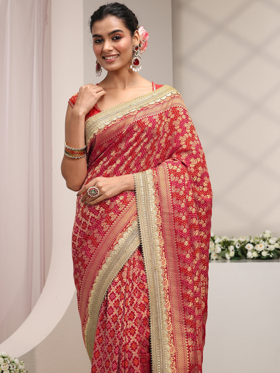  Libas Art Red Woven Design Satin Saree With Unstitched Blouse Piece 