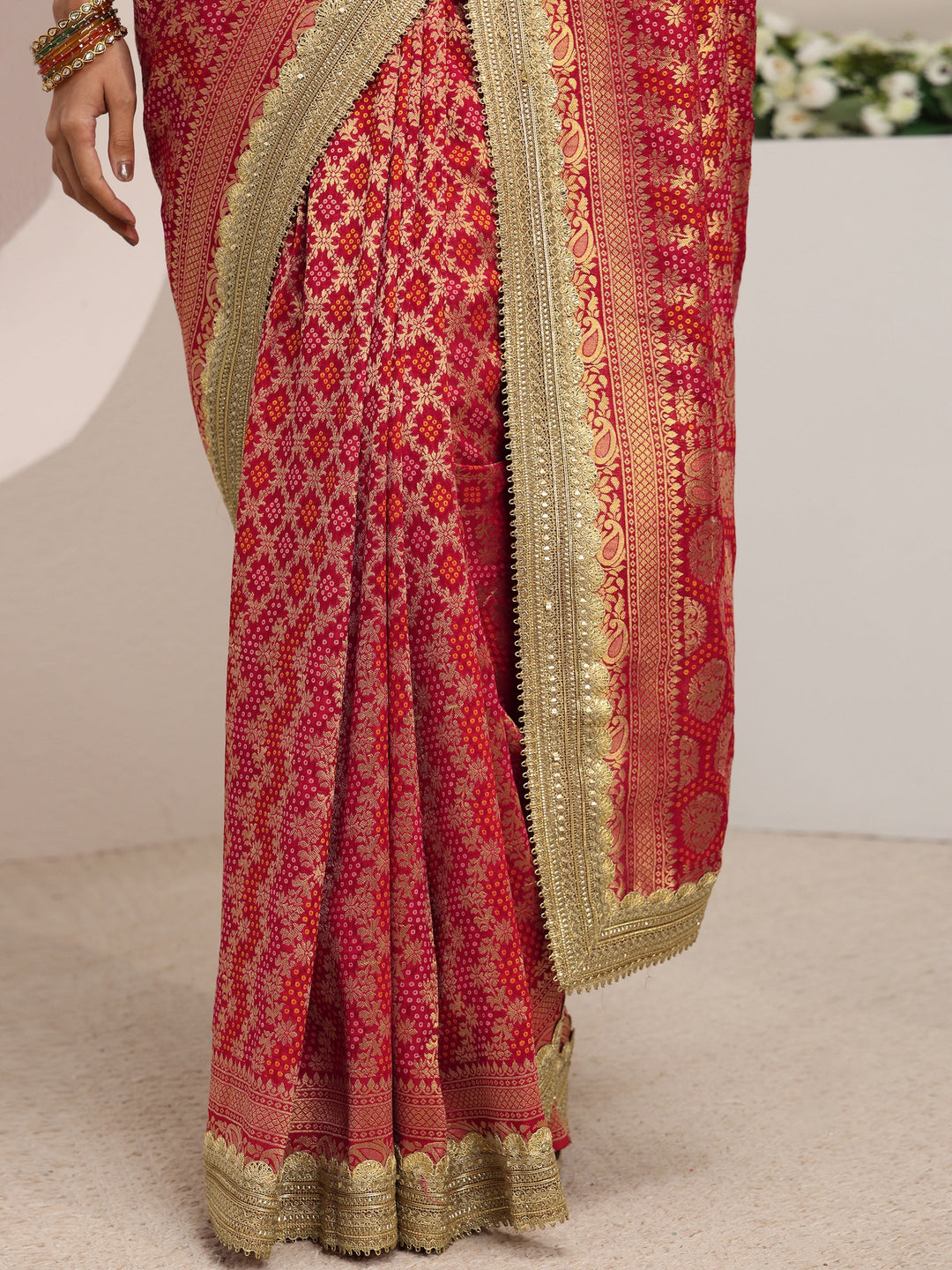  Libas Art Red Woven Design Satin Saree With Unstitched Blouse Piece 