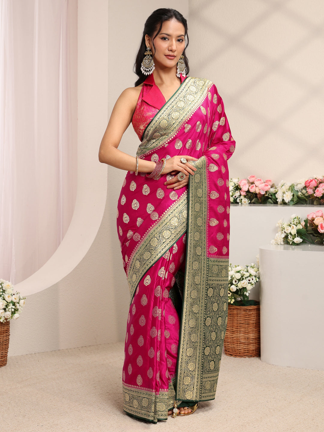  Libas Art Pink Ethnic Woven Design Satin Saree With Unstitched Blouse Piece 