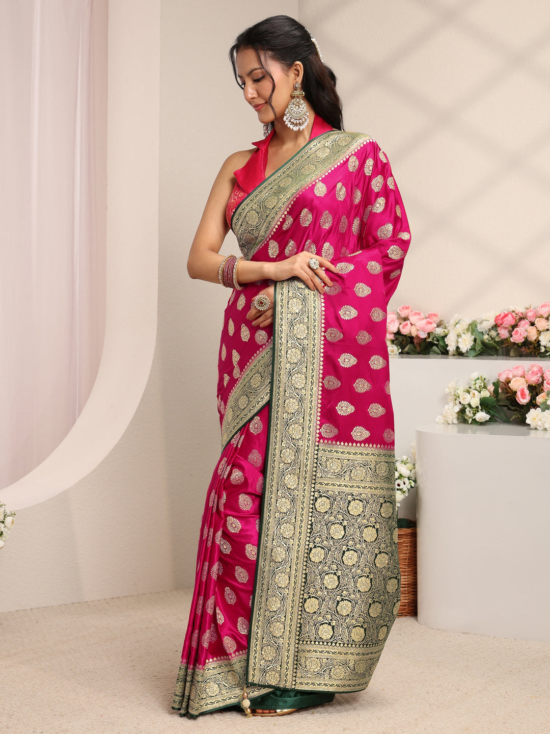  Libas Art Pink Ethnic Woven Design Satin Saree With Unstitched Blouse Piece 