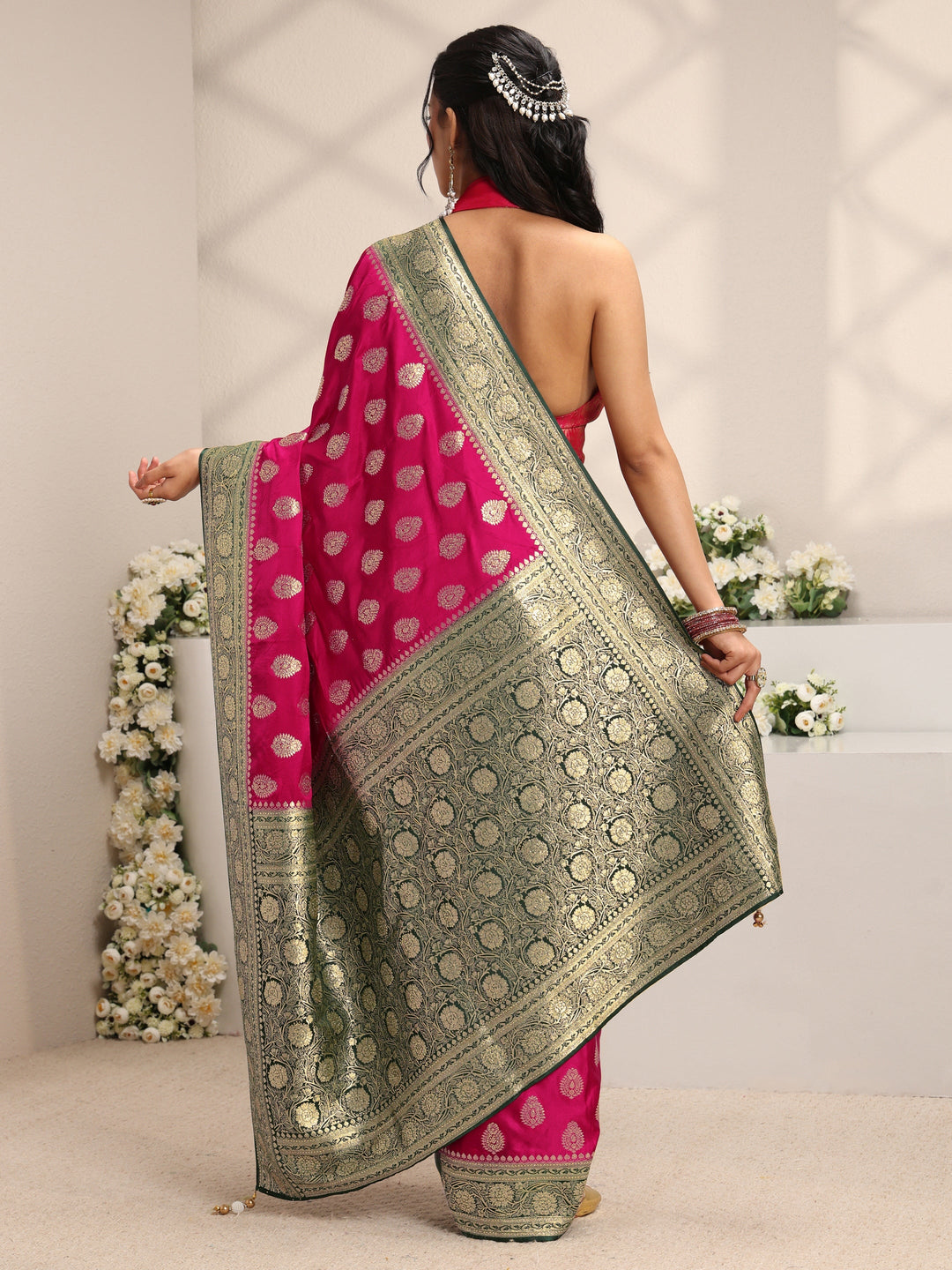  Libas Art Pink Ethnic Woven Design Satin Saree With Unstitched Blouse Piece 
