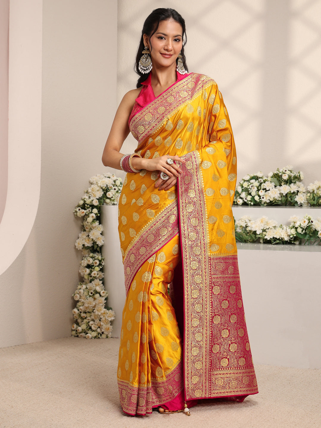  Libas Art Mustard Ethnic Woven Design Satin Saree With Unstitched Blouse Piece 