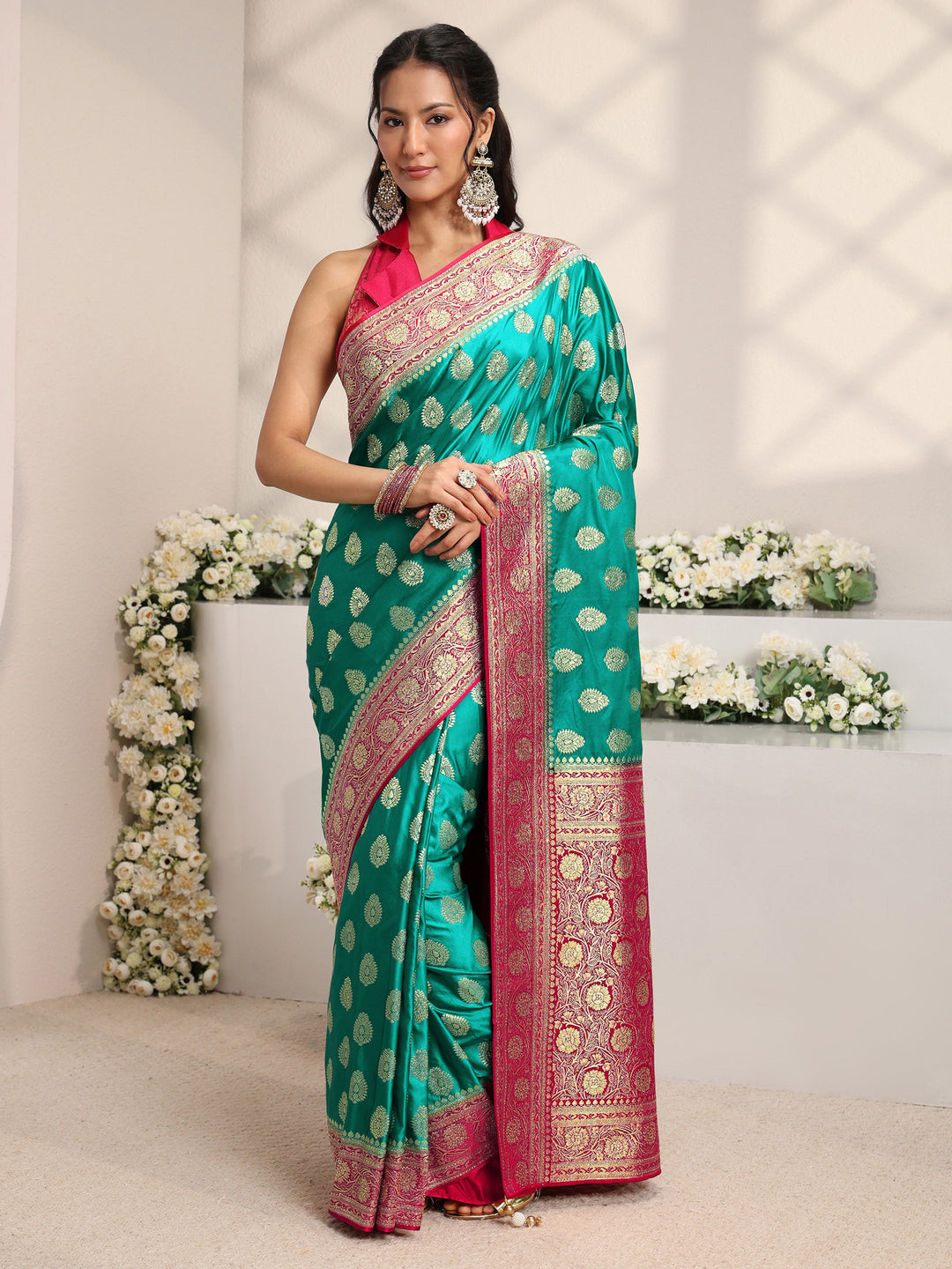  Libas Art Green Ethnic Woven Design Satin Saree With Unstitched Blouse Piece 